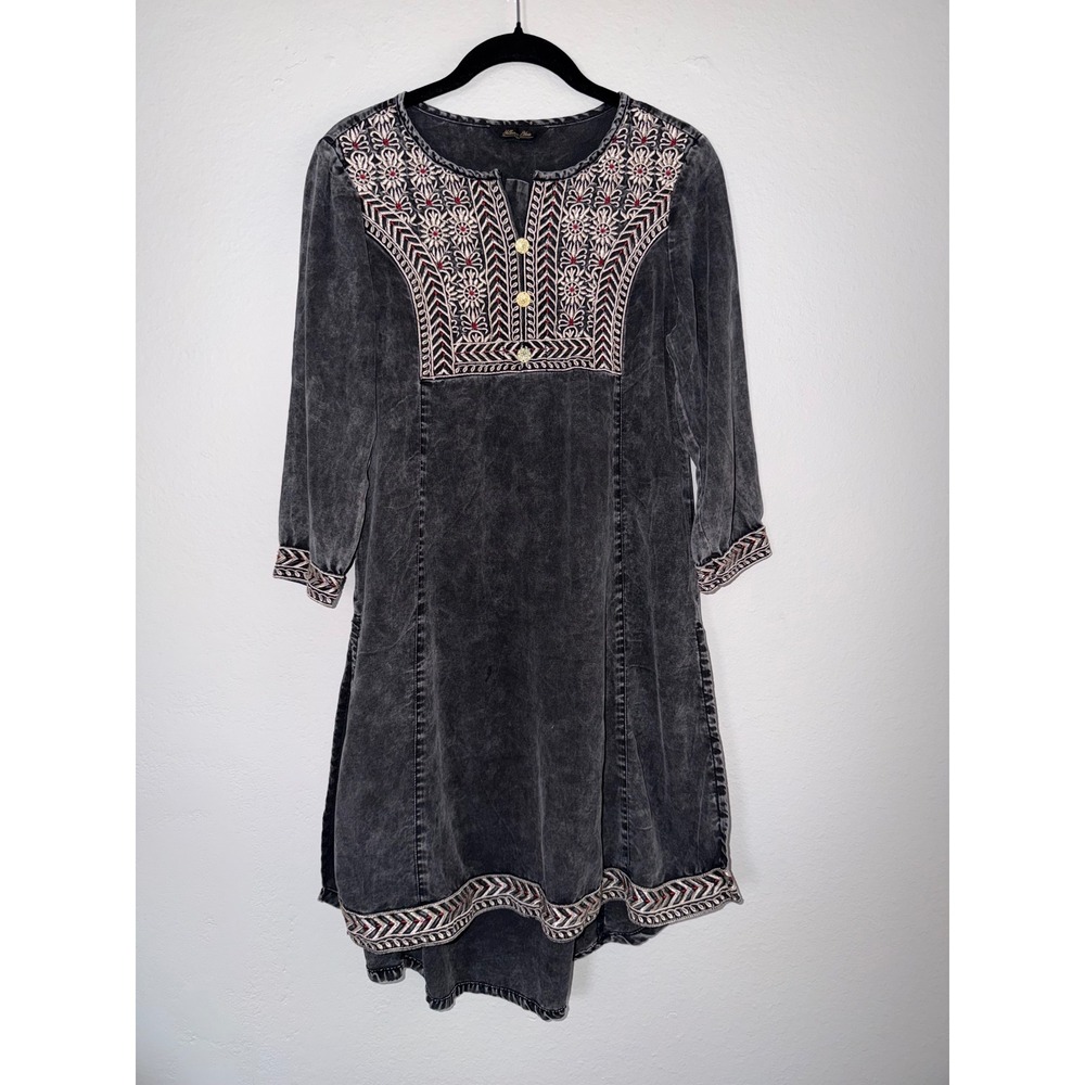 Yellow Ethnic Embroidered Tencel Tunic Dress Gray Acid Wash Boho Midi L